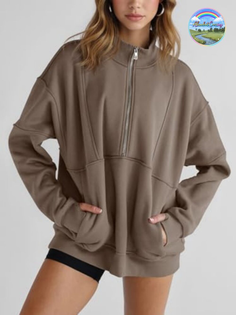 Women's Half Zip Fleece Sweatshirt Oversized Pullover Thumb Hole Pockets